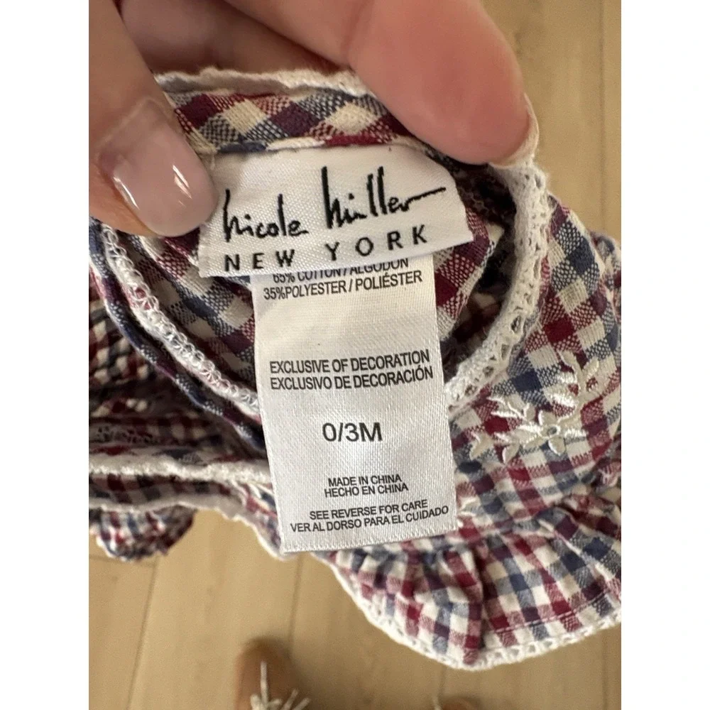 Nicole Miller‎ Gingham Ruffle Long Sleeve Romper Red Blue 0/3M Cotton Blend